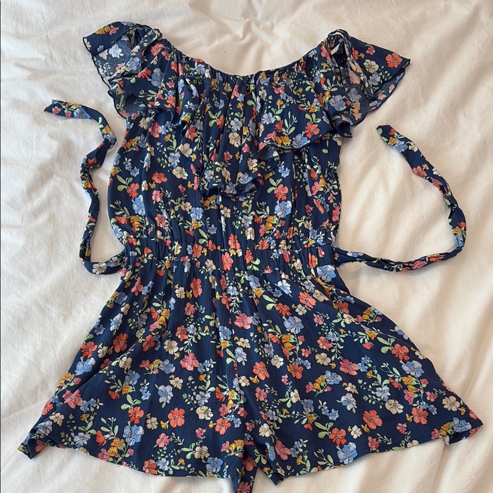 Zara Blue and Red Floral Jumpsuit with Ruffled Neckline